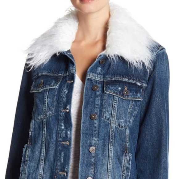 Faux Fur Collar Distressed Denim Jacket - Picture 1 of 8